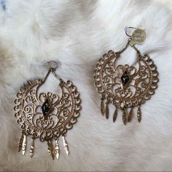 HOLD Big Bold Boho Swirl Earrings Golden Dangle - Picture 2 of 6